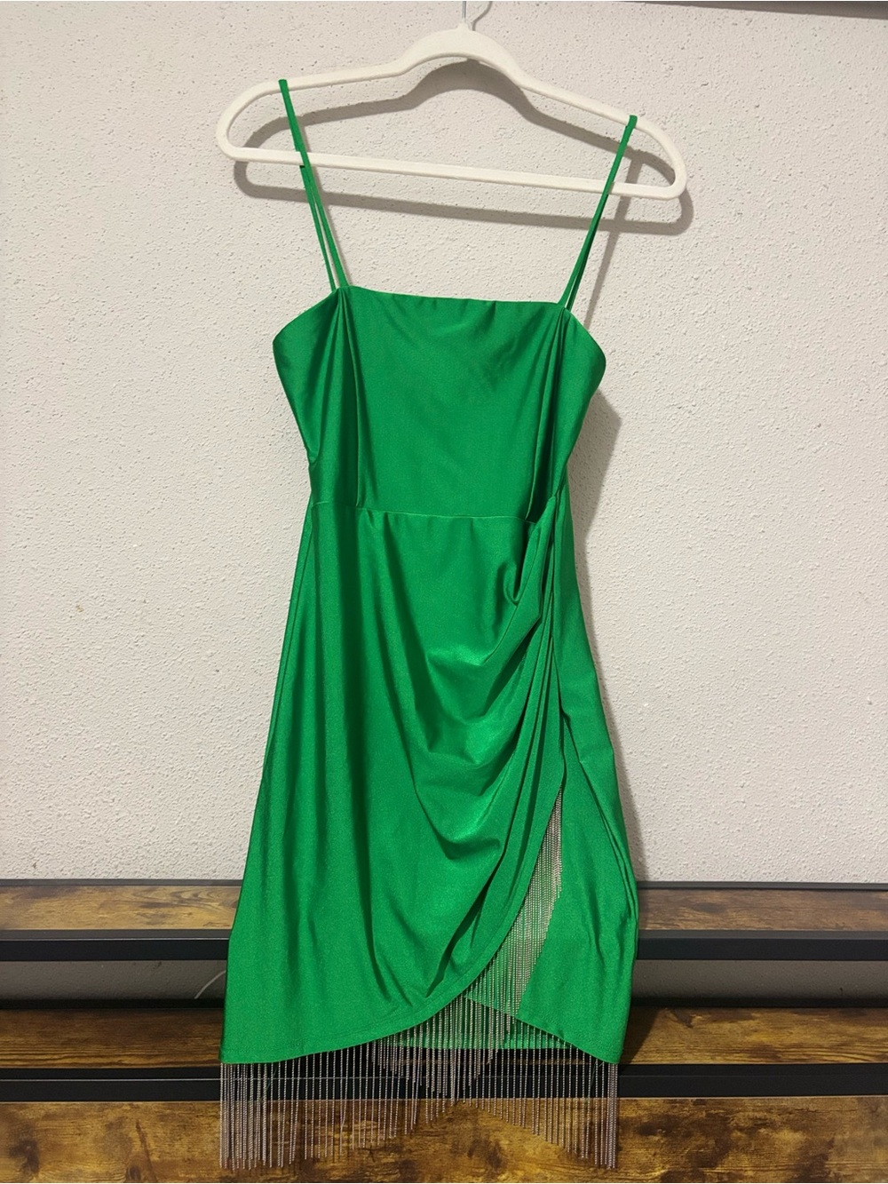 Emerald-Green Satin Mini Dress with Silver Chain Fringe
